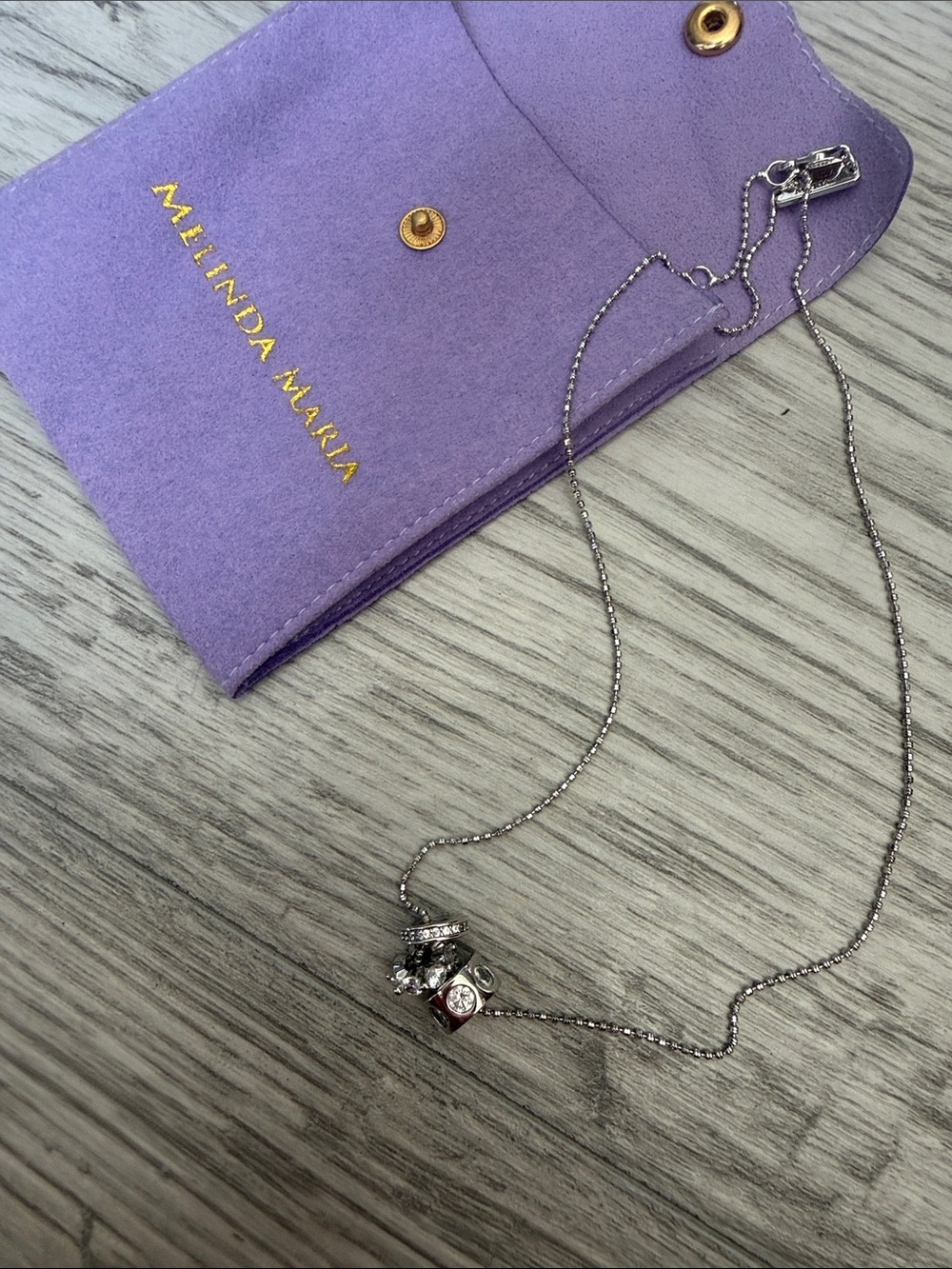 Melinda Maria Silver Crystal Charm Necklace with Lavender Pouch